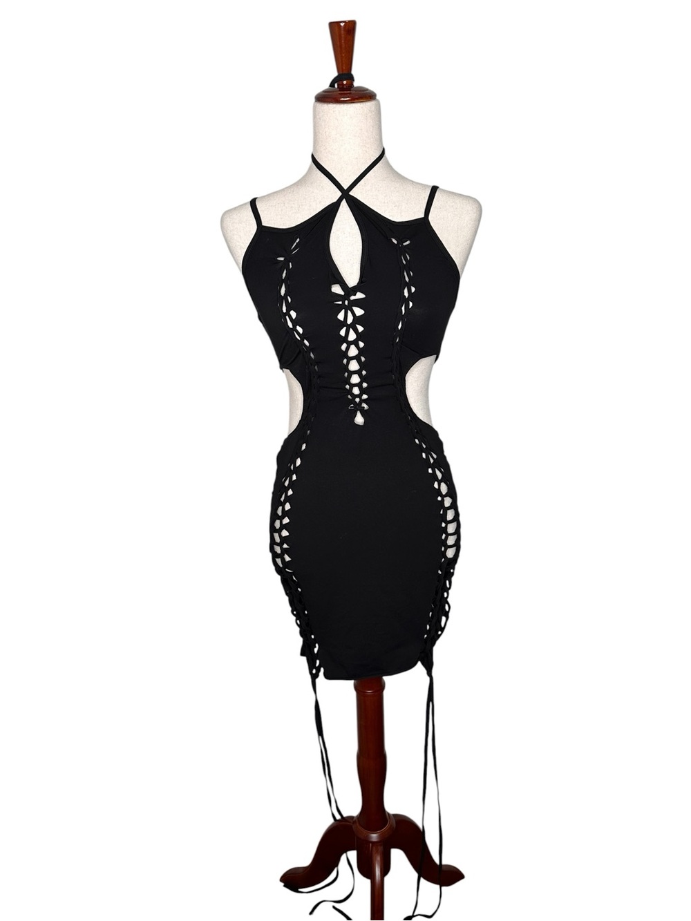 Dolls Kill Darker Waves Shredded Black Cutout Lace-up Bodycon Rave Mini Dress - Picture 4 of 15